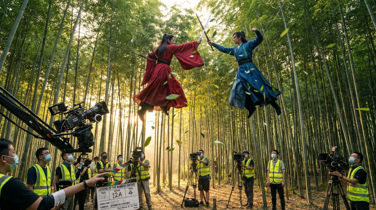 成人视频武侠动作片竹林对决拍摄现场